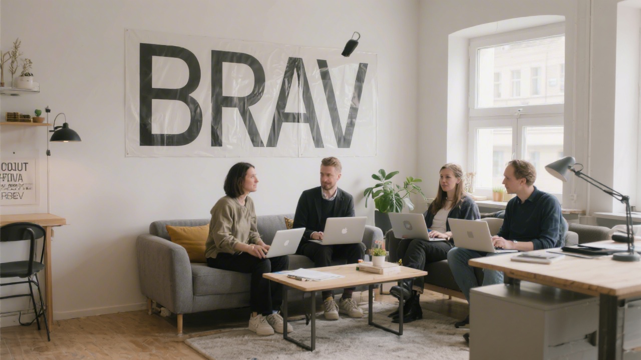 Cozy Brno studio with a small team discussing product strategy, laptops open, large typography posters on the wall, neutral professional ambience