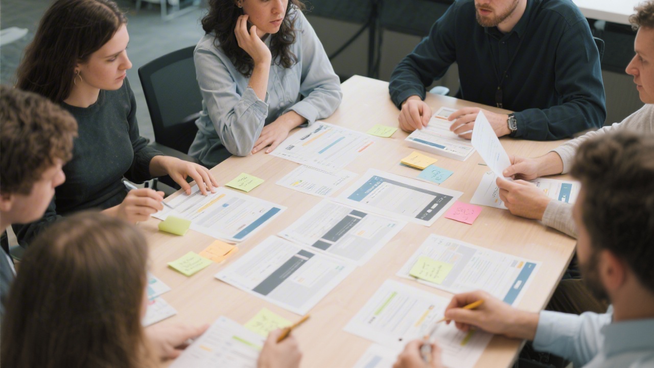 Small group review session with printed UI screens on the table, participants analyzing feedback notes and discussing improvements