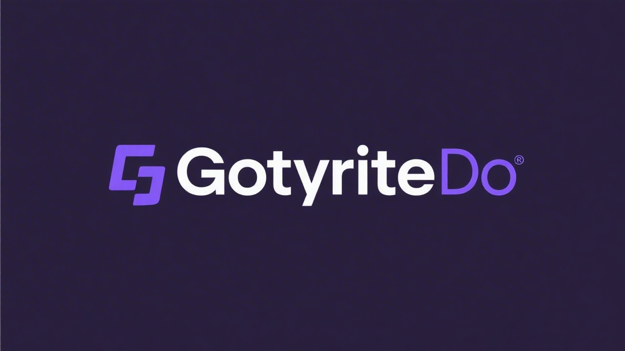 Simple geometric wordmark logo reading GotyriteDo Academy, clean sans-serif lettering, two-tone navy and violet, minimal flat design on transparent background