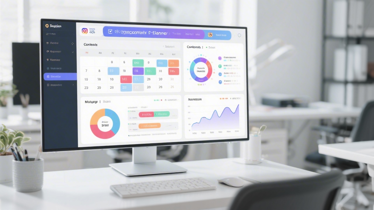 Social media planner showing content calendar, performance charts, and campaign goals on a large monitor in a clean office