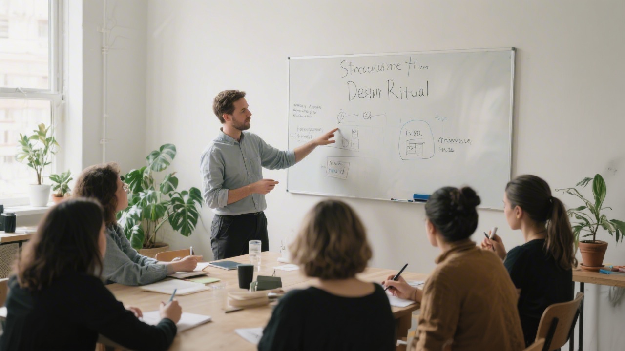 Workshop session with facilitator explaining a structured design ritual on a whiteboard, participants taking notes, calm studio atmosphere with plants and soft lighting