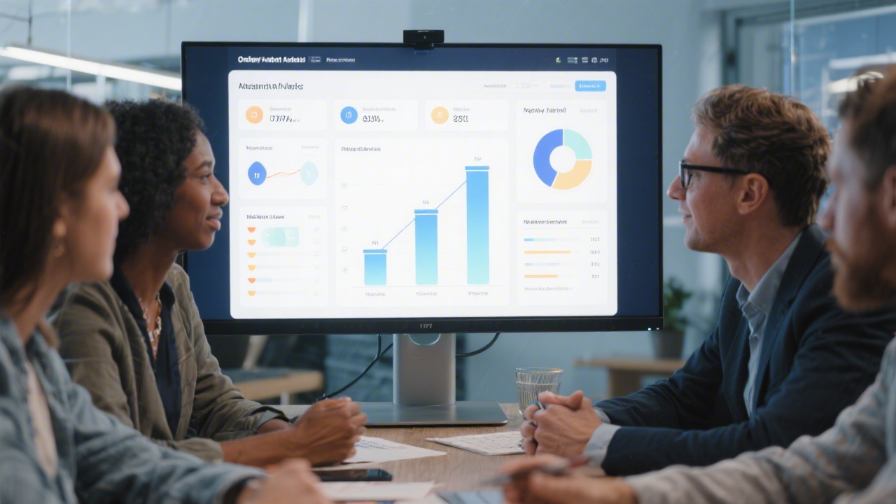 Analytics dashboard on a wide monitor showing funnel stages and conversion rates with team discussing insights