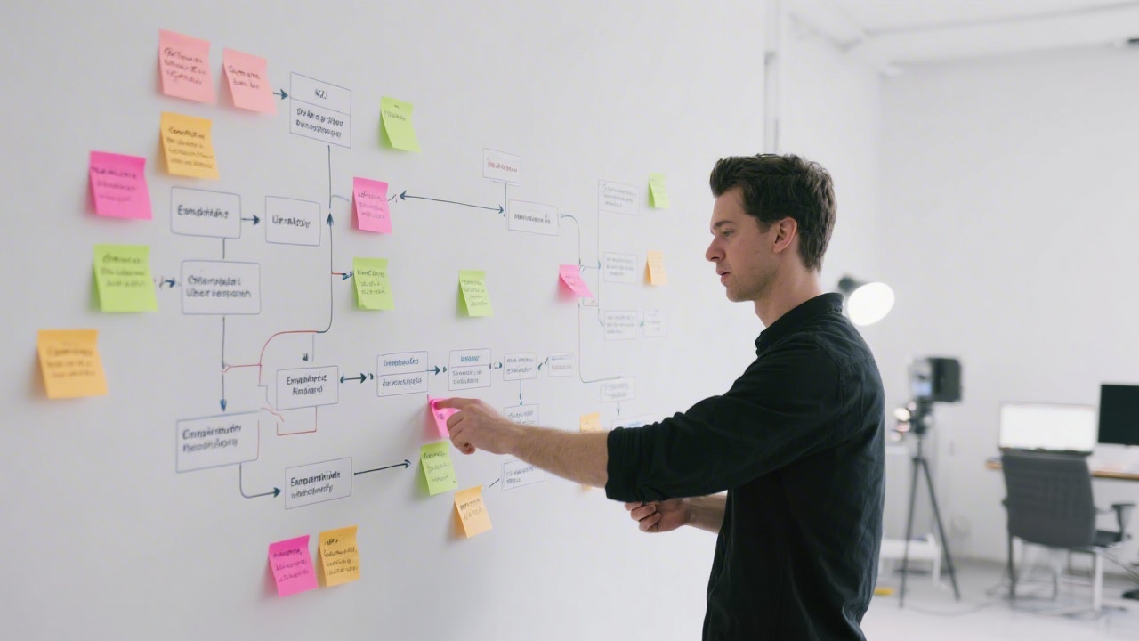 Designer mapping user journeys on a wall with sticky notes, showing structured UX research and empathy mapping in a clean studio