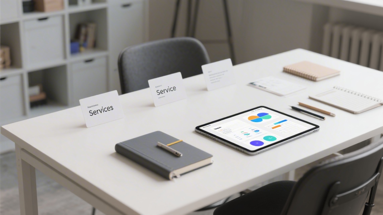 Professional workshop setting with modular cards representing services, minimalist desk with notebooks and a tablet showing UI and marketing plans