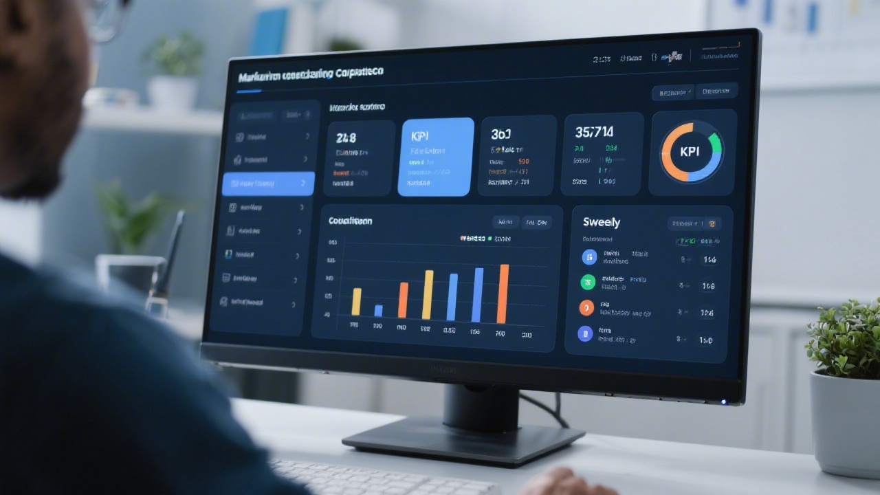 Marketing campaign dashboard template showing KPI blocks, budget allocation and weekly tasks in a clean layout on a monitor